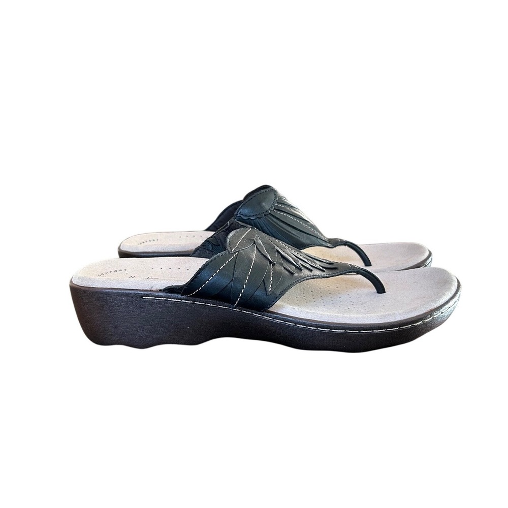 Clarks Collection Women Black Leather Wedge Thong Flip Flop Sandals‎ Size 11
